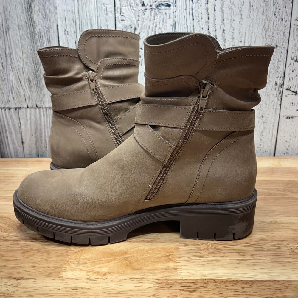 Ruiee Womens Taupe Slouchy Ankle Boots Studded Buckle Strap Side Zip Lug Sole 10 - Picture 6 of 9